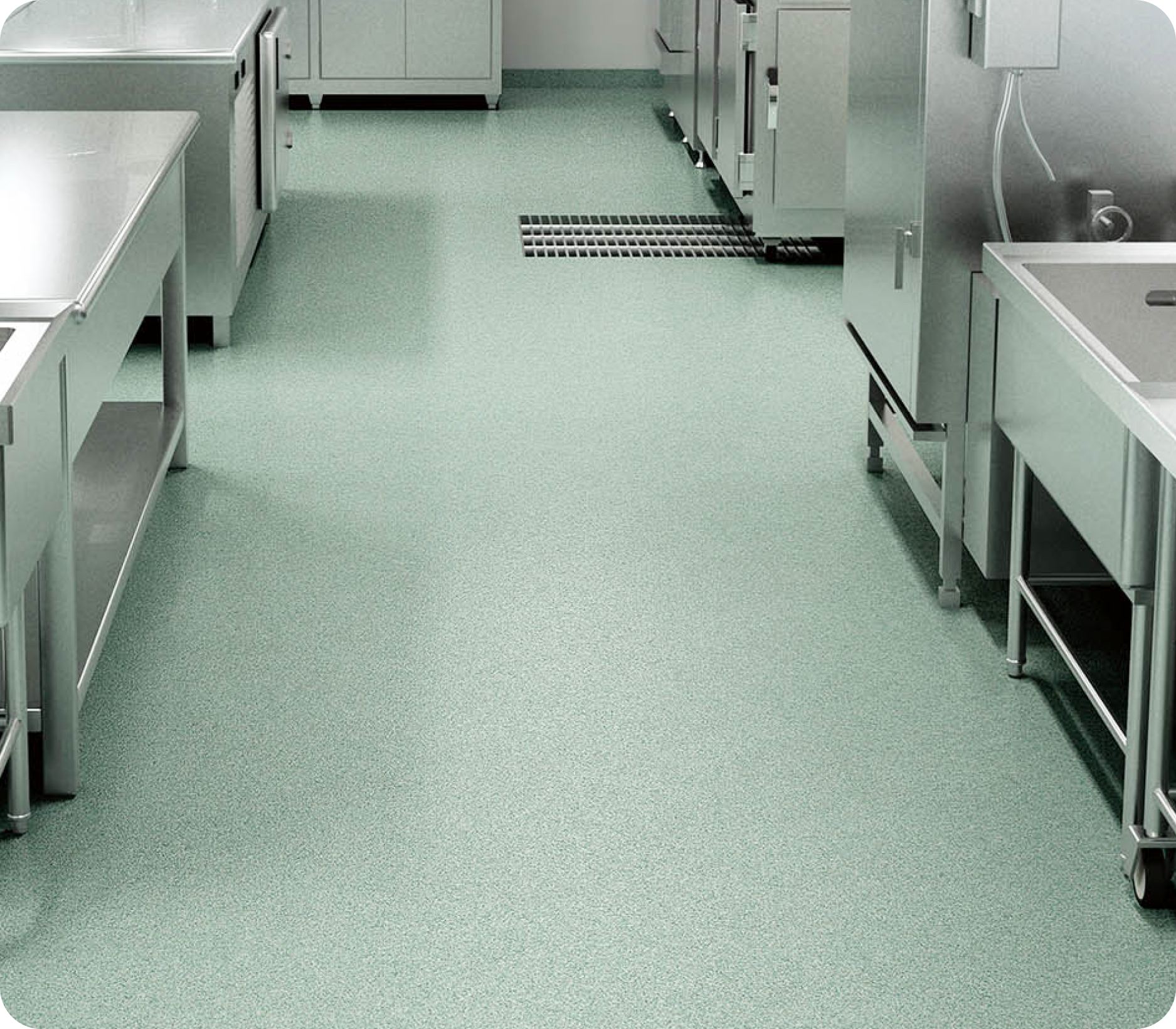 Green vinyl floor at kitchen school